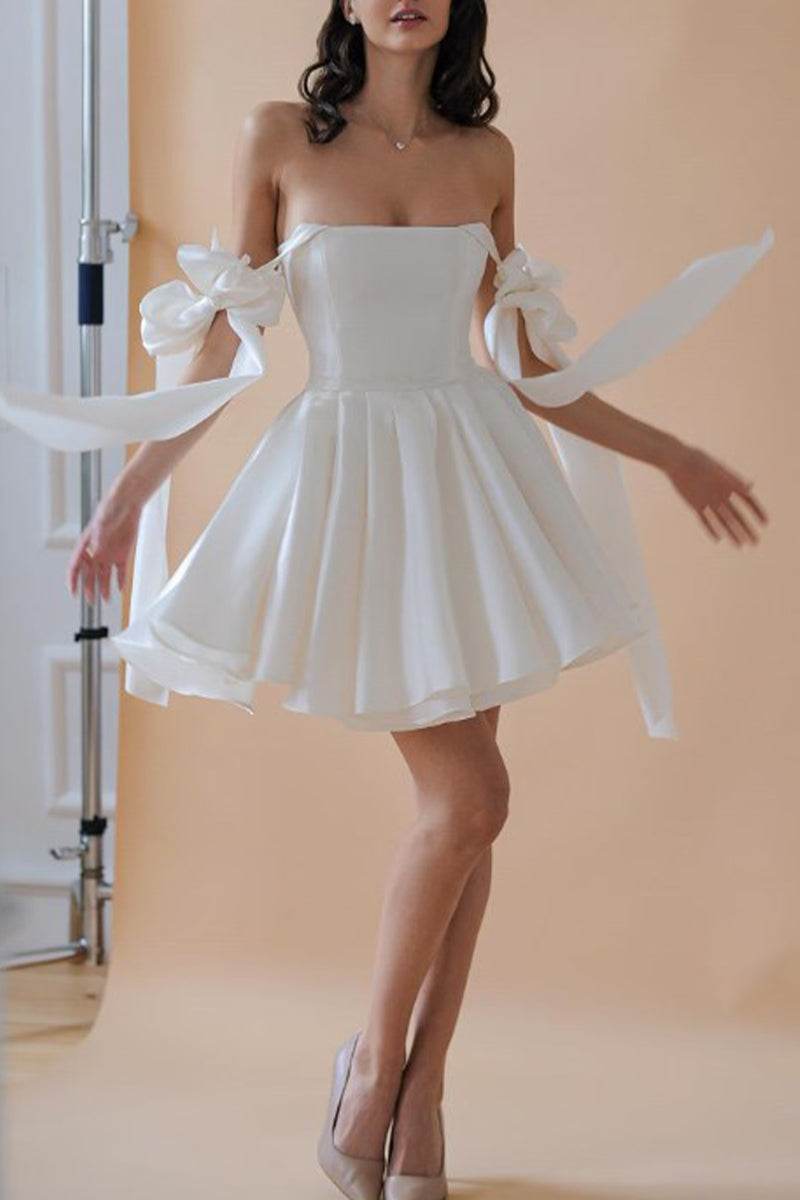 A-Line Mini Satin Little White Dress 4318813652 - COCOMELODY